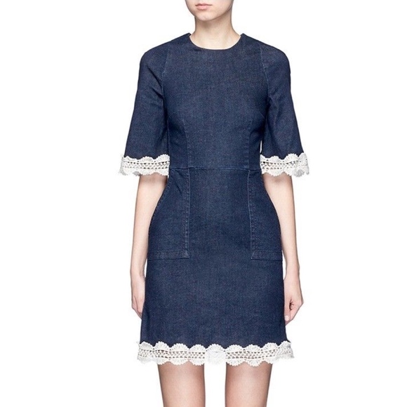 LACE TRIM DENIM DRESS - Blue / Gray